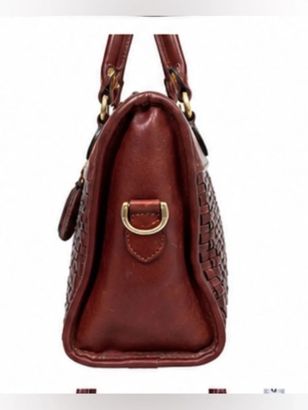 Del Mano Woven Burgundy Brown Structured Satchel Handbag